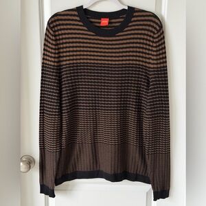 BOSS Men's Cotton Thin Lightweight Knit Cozy Sweater in Black and Brown Stripes